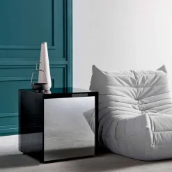 Tavolino Lato Divano o Comodino in Vetro Fumè con Cassetto in Legno - Mantra