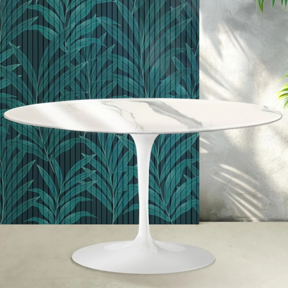 Tavolino Ovale Tulip Saarinen H 41 cm in Ceramica Florim Statuario Lucido - Scarlet