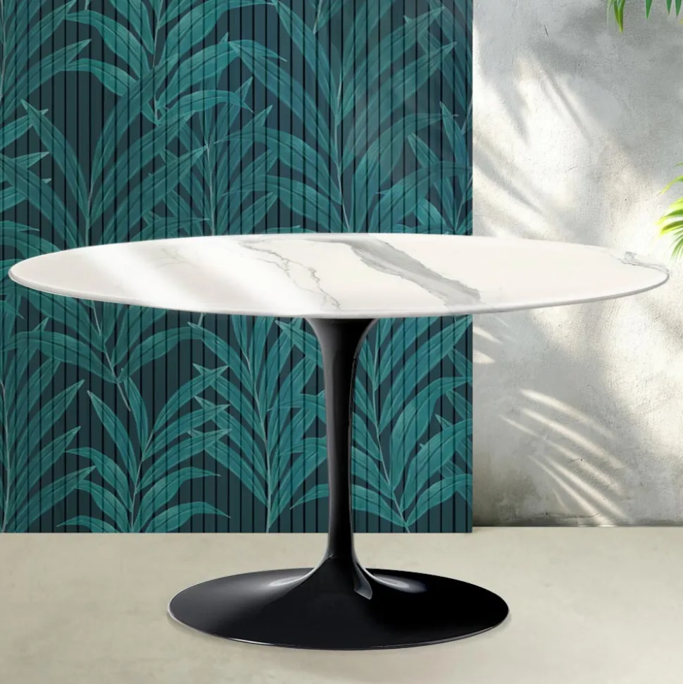 Tavolino Ovale Tulip Saarinen H 41 cm in Ceramica Florim Statuario Lucido - Scarlet