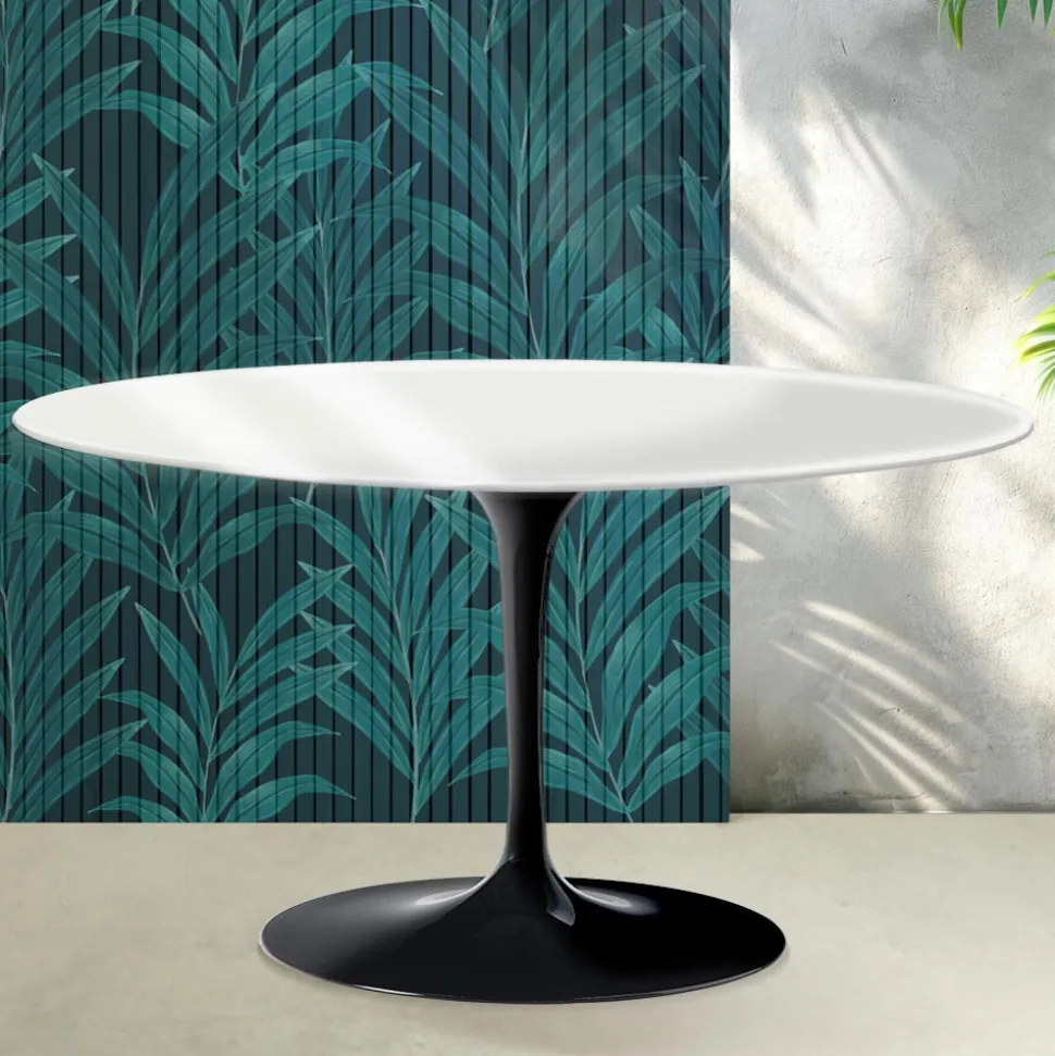 Tavolino Ovale Tulip Saarinen H 41 cm in Ceramica Florim Bianco Lucido - Scarlet