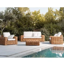 Tavolino-Pouf da Giardino in Rattan Naturale con Cuscino Incluso – Keira
