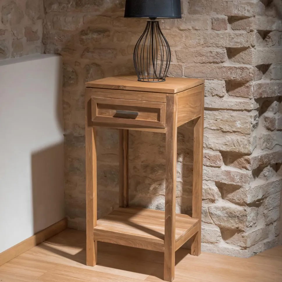 Tavolino Realizzato in Legno Teak Massello con 1 Cassetto - Acrilico