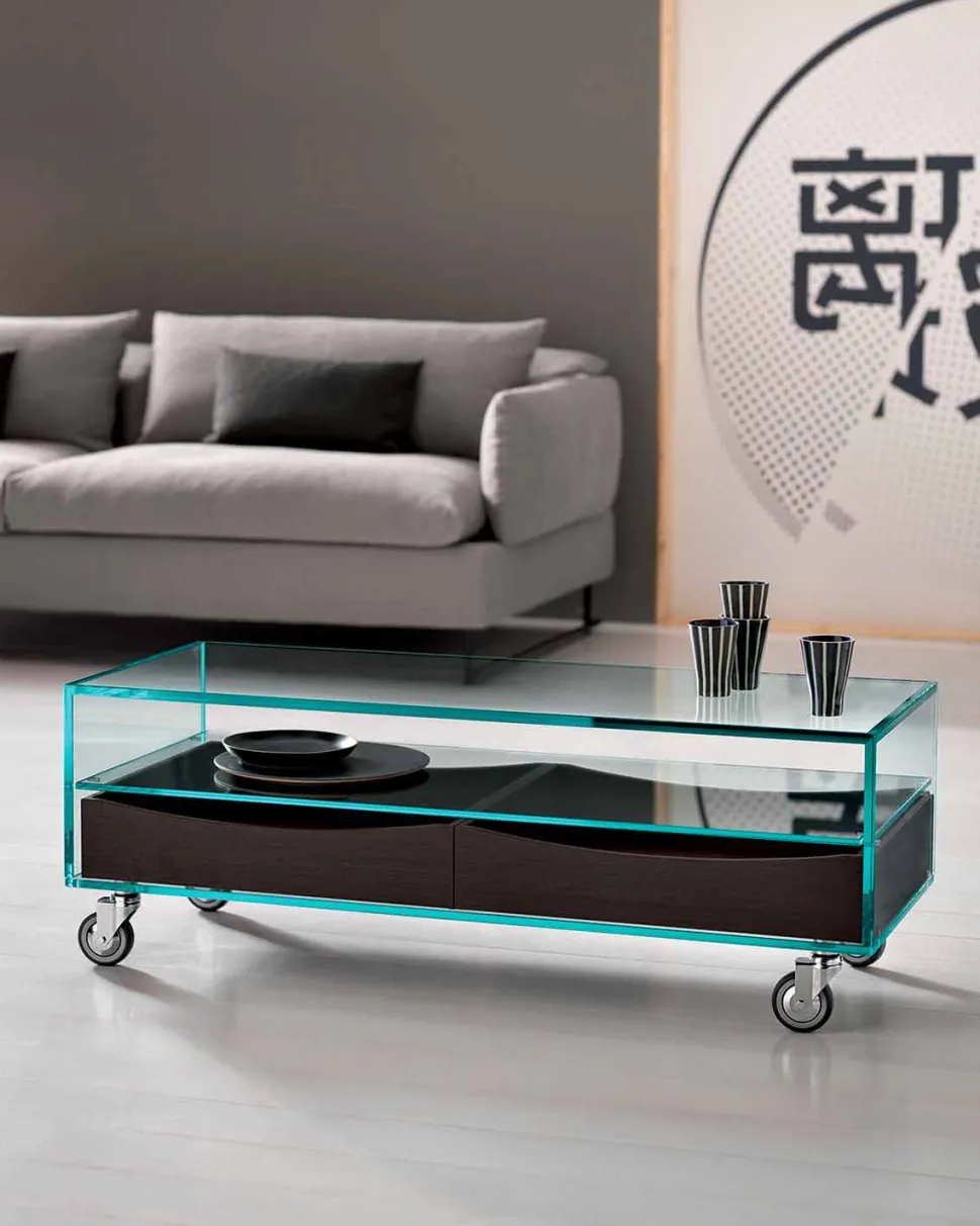 Tavolino Rettangolare in Vetro Extrachiaro con Cassetti Made in Italy – Ganzo