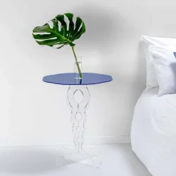 Tavolino tondo blu diametro 50 cm design moderno Janis, made in Italy