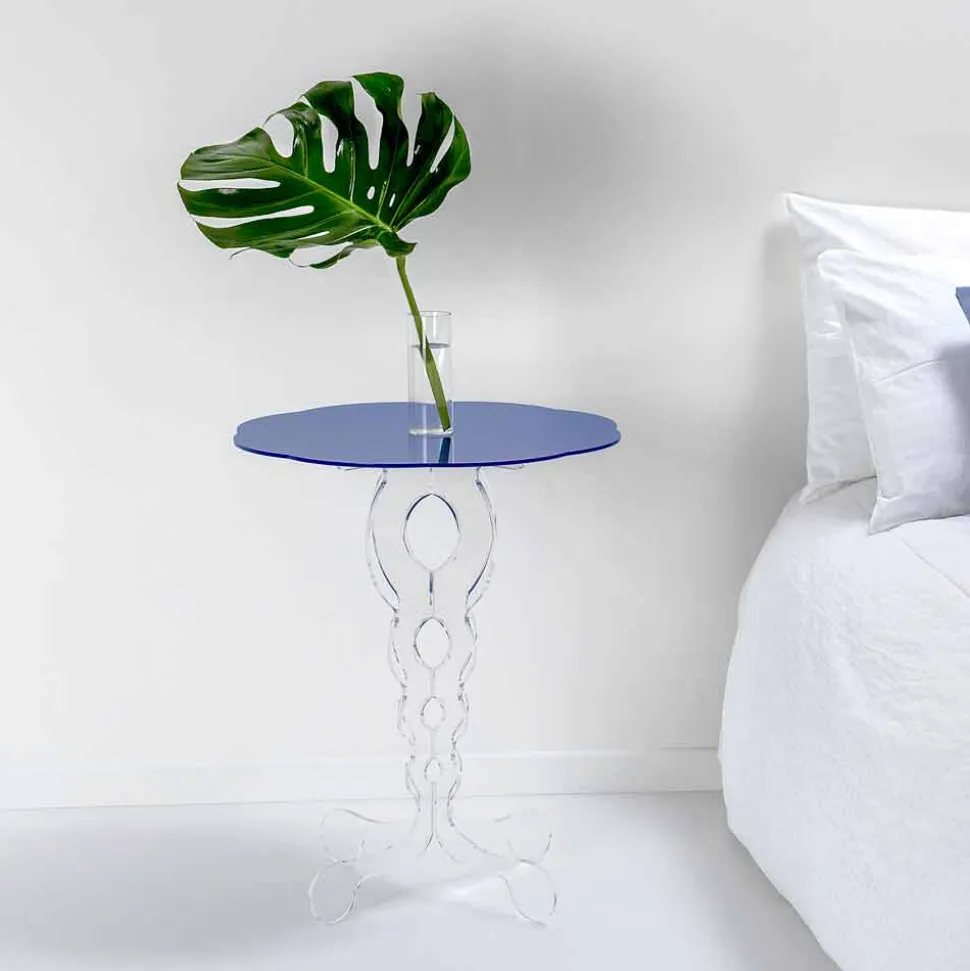 Tavolino tondo blu diametro 50 cm design moderno Janis, made in Italy