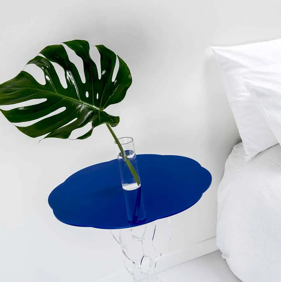 Tavolino tondo blu diametro 50 cm design moderno Janis, made in Italy