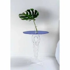 Tavolino tondo blu diametro 50 cm design moderno Janis, made in Italy