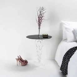Tavolino tondo nero diametro 50 cm design moderno Janis, made in Italy