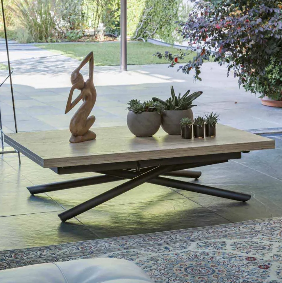 Tavolino Trasformabile con Piano in Legno e Base Metallo Made in Italy - Pesco