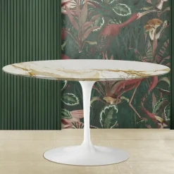 Tavolino Tulip Eero Saarinen H 41 Ovale con Piano in Marmo Calacatta Oro - Scarlet