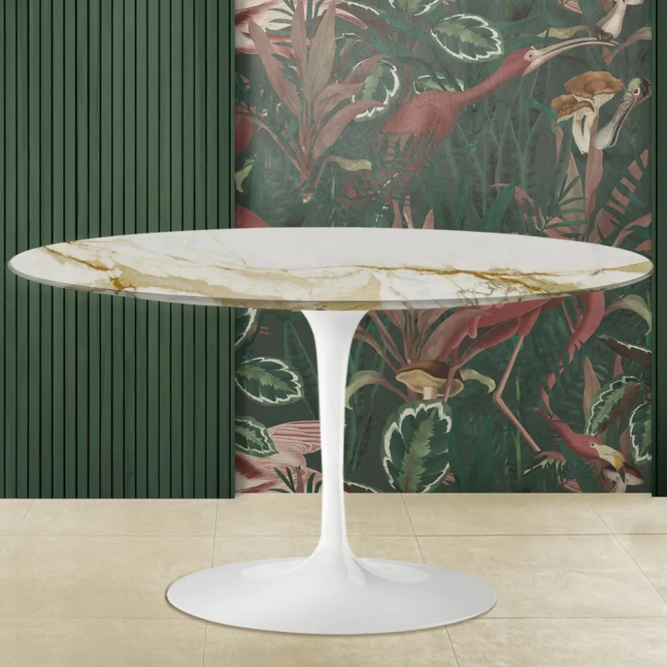 Tavolino Tulip Eero Saarinen H 41 Ovale con Piano in Marmo Calacatta Oro - Scarlet