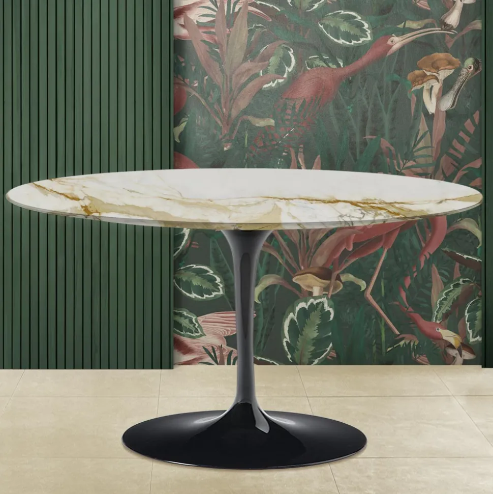 Tavolino Tulip Eero Saarinen H 41 Ovale con Piano in Marmo Calacatta Oro - Scarlet