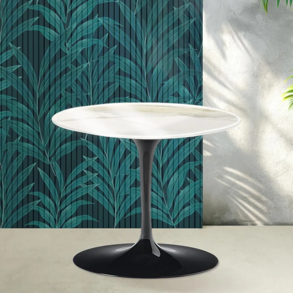 Tavolino Tulip Saarinen H 39 cm in Ceramica Florim Calacatta Gold Lucido - Scarlet