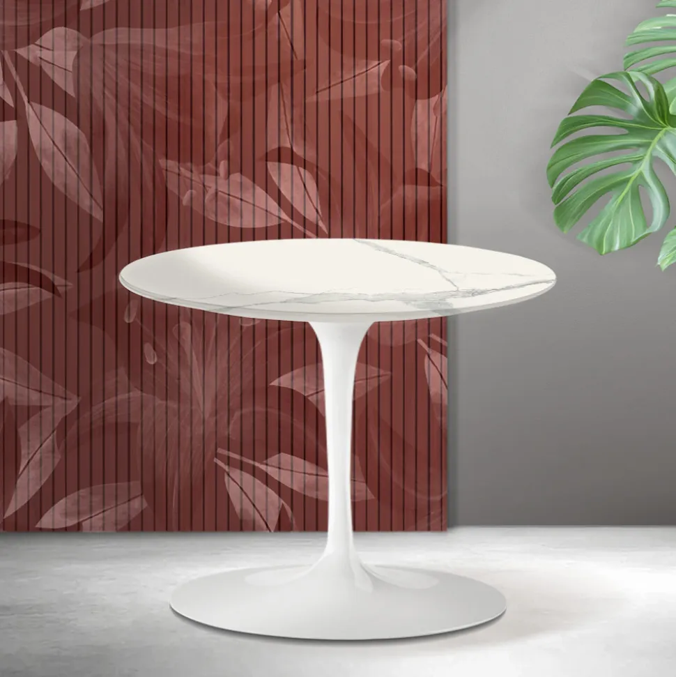 Tavolino Tulip Saarinen H 39 cm in Ceramica Florim Statuario Opaco - Scarlet