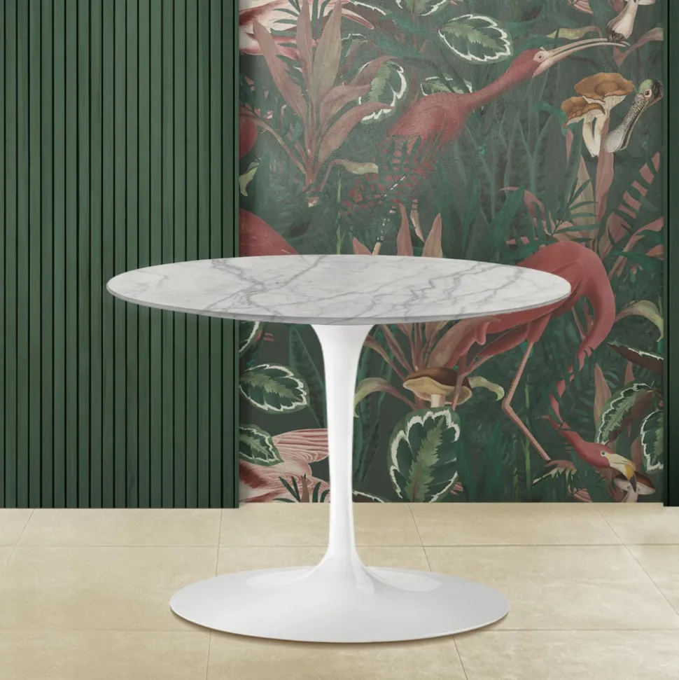 Tavolino Tulip Saarinen H 39 Ovale con Piano in Marmo di Carrara Statuarietto - Scarlet