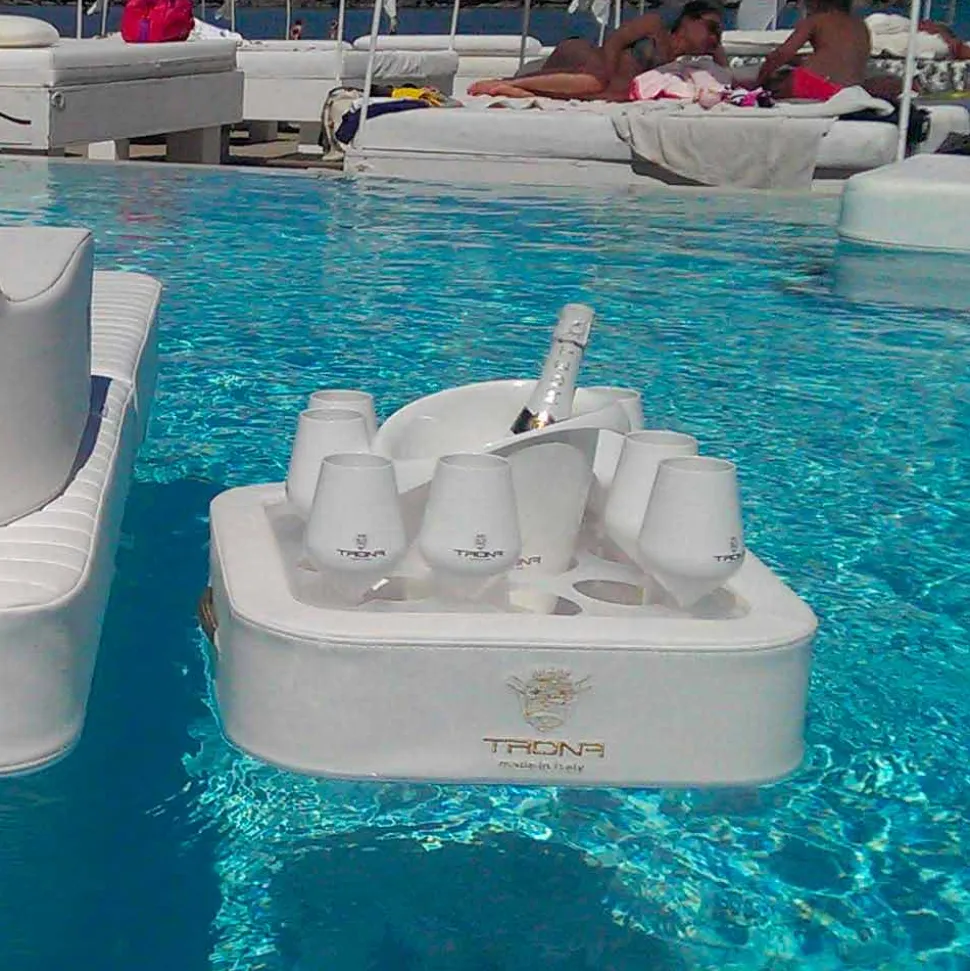 Tavolino – vassoio galleggiante in ecopelle nautica e plexiglass Trona