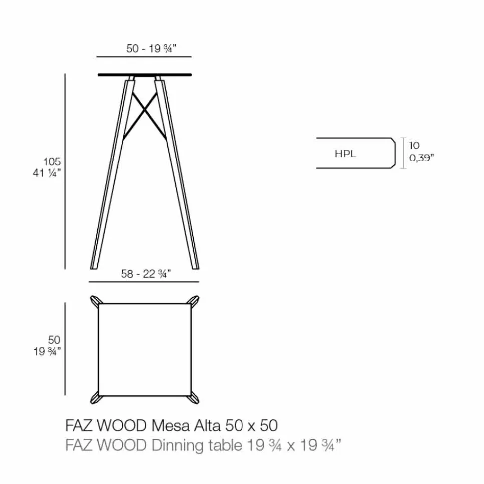 Tavolo Alto da Bar Design Quadrato in Legno e Hpl, 4 Pezzi - Faz Wood by Vondom