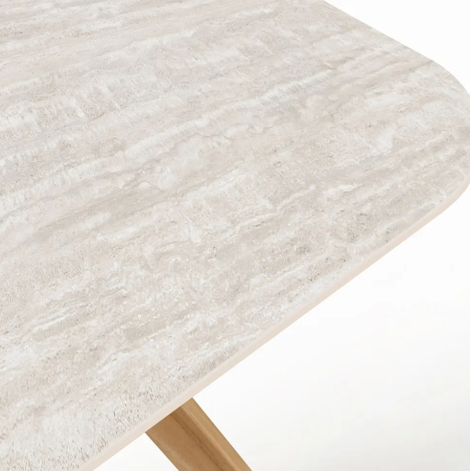 Tavolo con Base in Legno e Piano in Ceramica Travertino Chiaro - Infinity