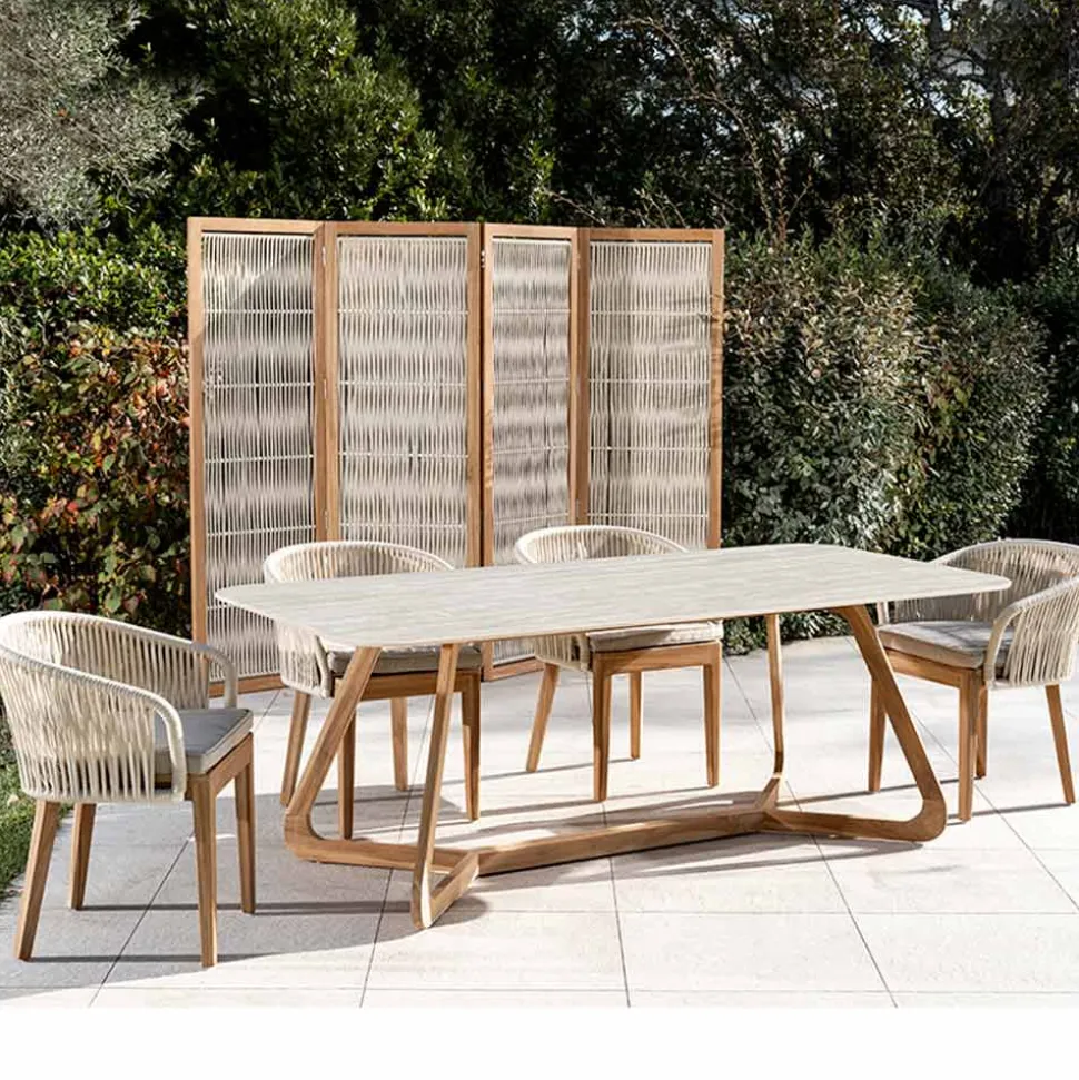 Tavolo con Base in Legno e Piano in Ceramica Travertino Chiaro - Infinity