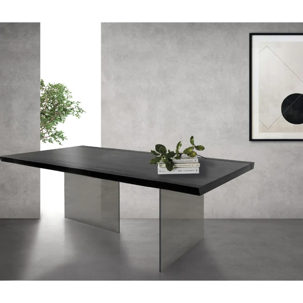 Tavolo con Piana Placcata in Rovere Massello e Base in Cristallo Made in Italy - Noelia