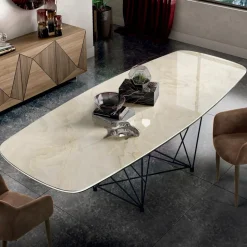 Tavolo con Piano in Ceramica a Botte e Base in Acciaio Made in Italy - Ezzellino