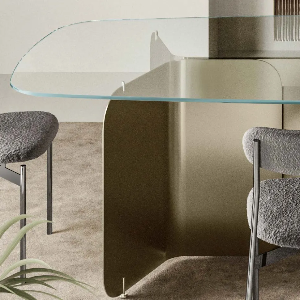 Tavolo con Piano Sagomato in Vetro e Base in Metallo Curvato - Piacere