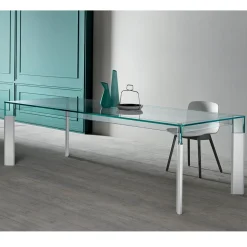 Tavolo Cucina in Vetro Extrachiaro con Gambe in Legno Made in Italy - Super