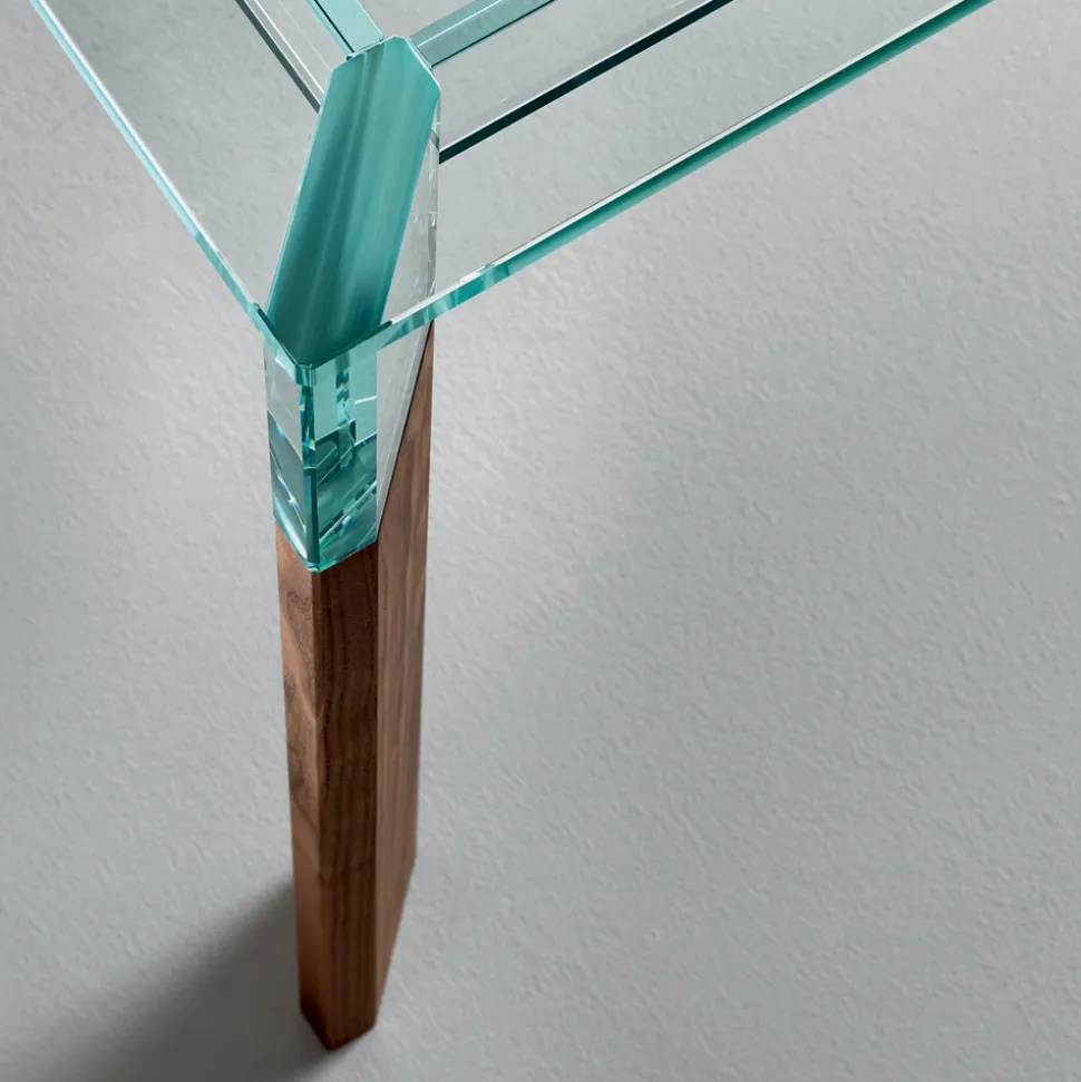 Tavolo Cucina in Vetro Extrachiaro con Gambe in Legno Made in Italy - Super