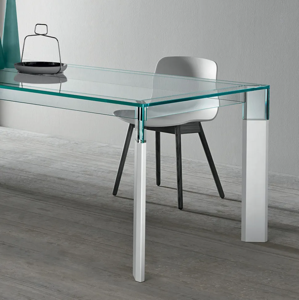 Tavolo Cucina in Vetro Extrachiaro con Gambe in Legno Made in Italy - Super