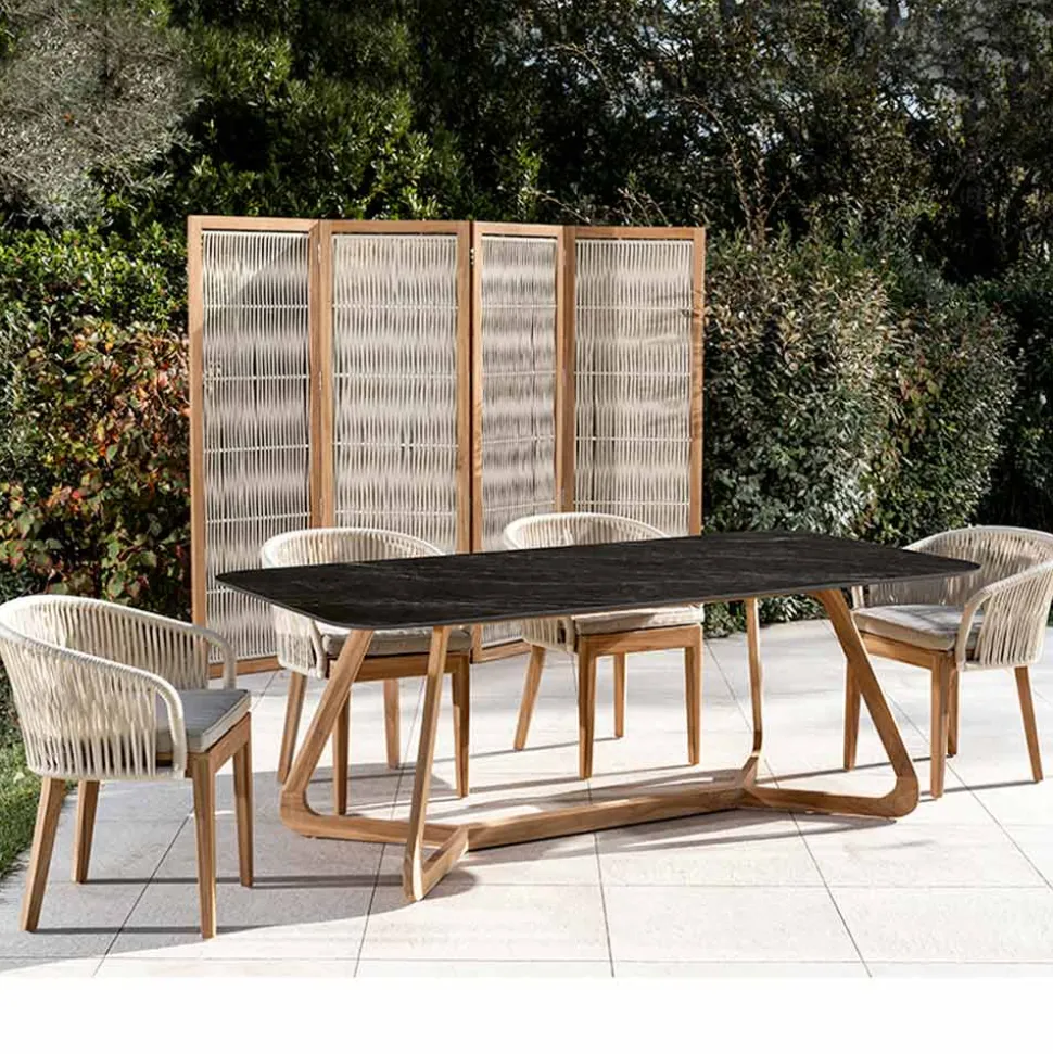 Tavolo da Esterno con Base in Legno e Piano in Ceramica Nero Marquinia - Infinity