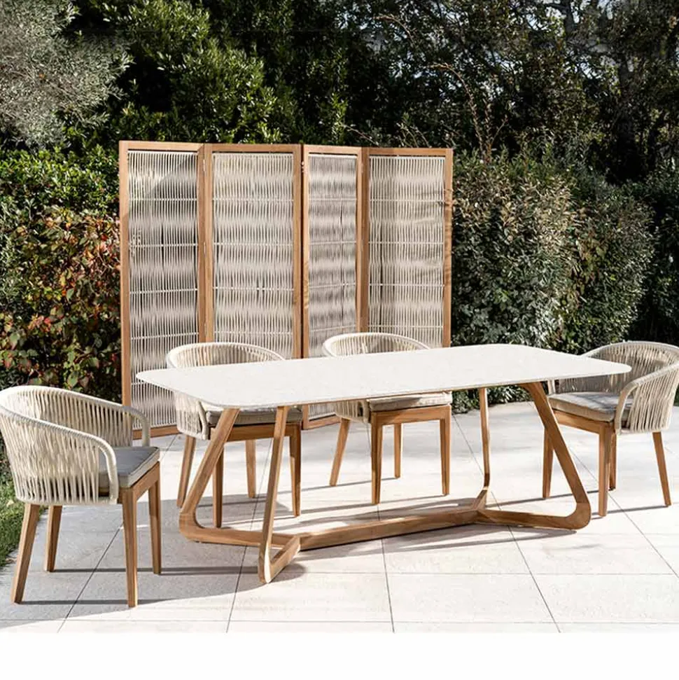 Tavolo da Esterno con Base in Legno e Piano in Ceramica Terrazzo White - Infinity