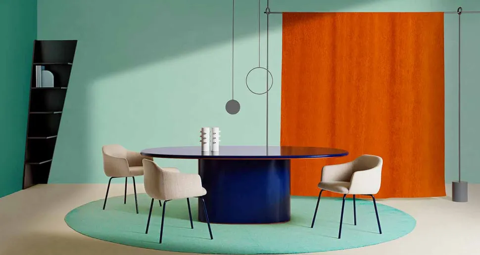 Tavolo da Pranzo Design Moderno Ovale in MDF Blu e Rame Made in Italy - Oku