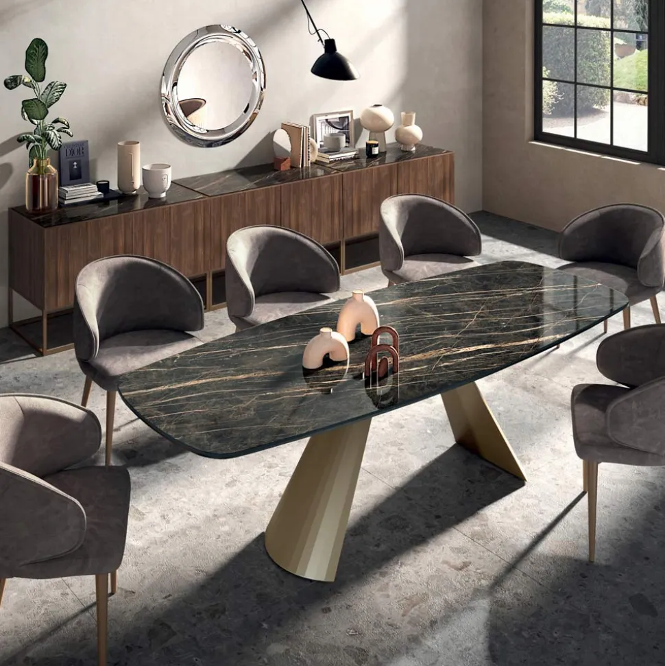 Tavolo da Pranzo Fisso con Piano a Botte in Ceramica Made in Italy - Occhiali