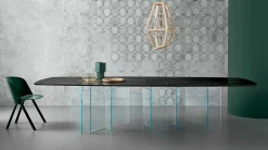 Tavolo da Pranzo in Ceramica e Base in Vetro Extrachiaro Made in Italy – Random