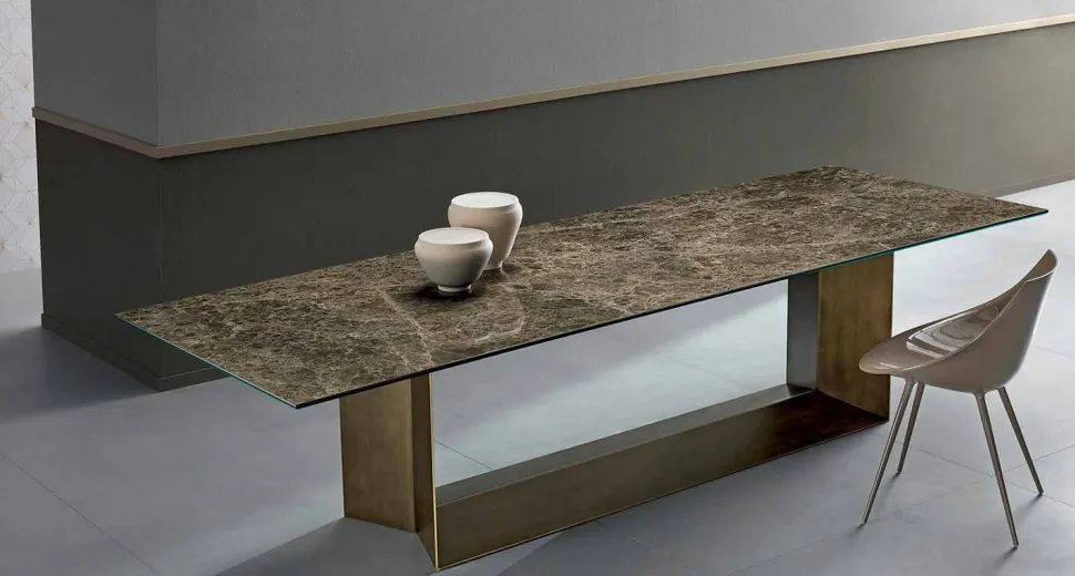Tavolo da Pranzo in Ceramica Emperador e Metallo Bronzo Made in Italy – Moro