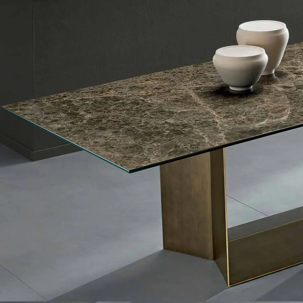 Tavolo da Pranzo in Ceramica Emperador e Metallo Bronzo Made in Italy – Moro