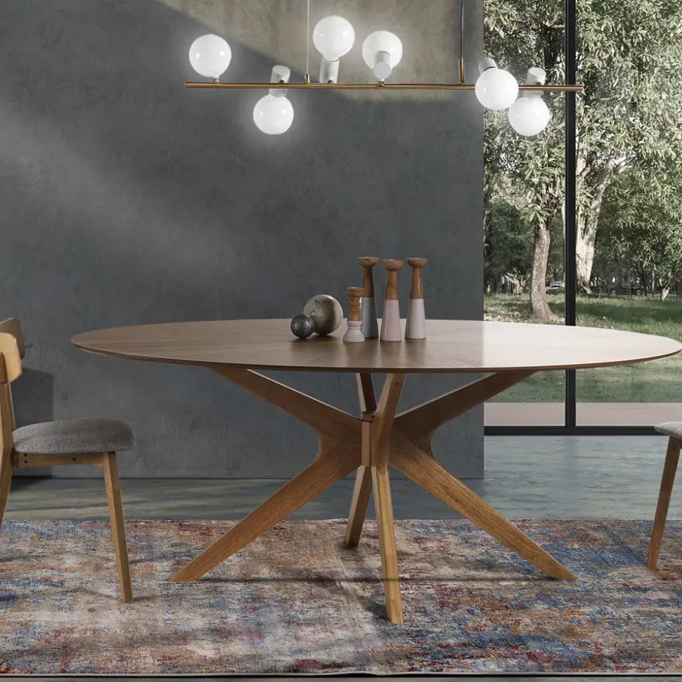 Tavolo da Pranzo Ovale in Mdf con Struttura in Legno Massello - Fulmine