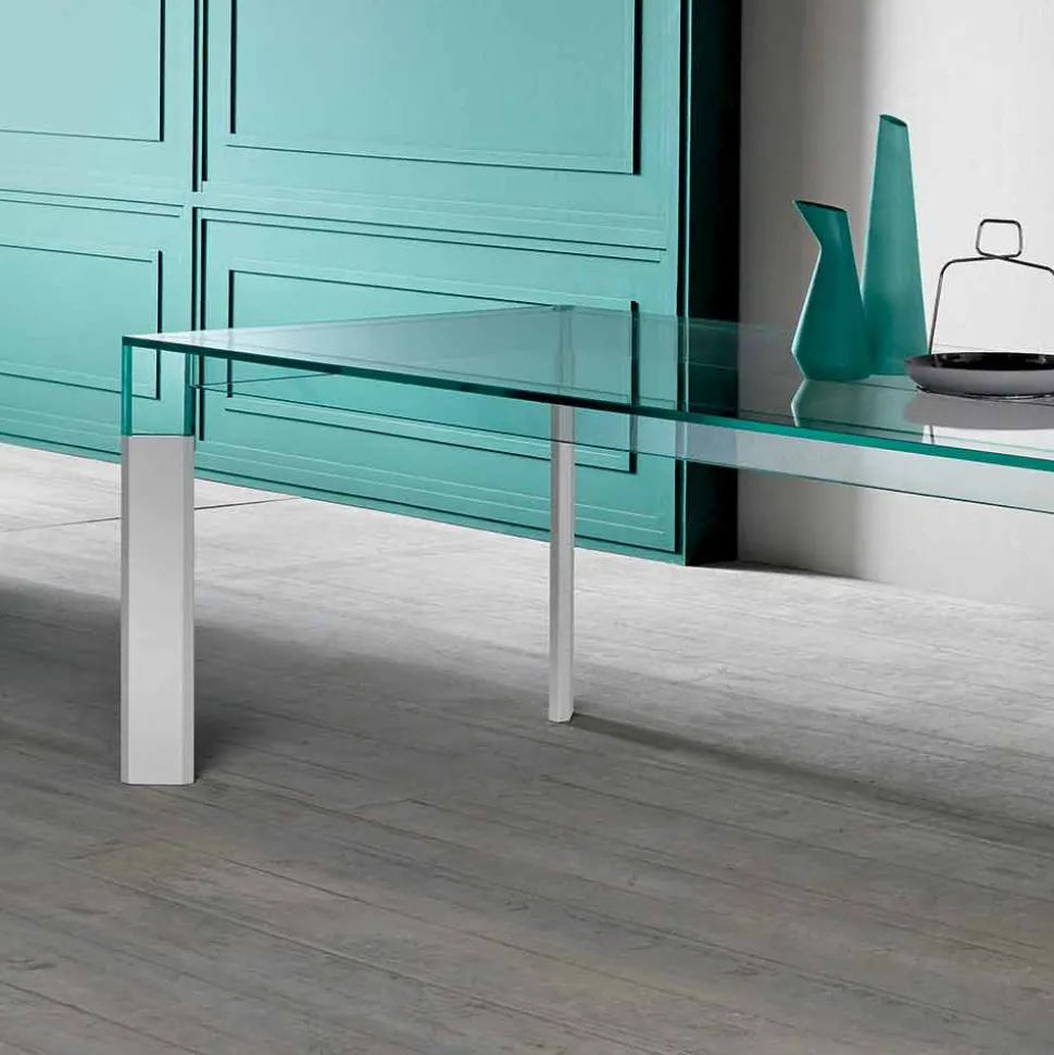 Tavolo da Pranzo Piano in Vetro e Base Legno Massello Made in Italy - Presino