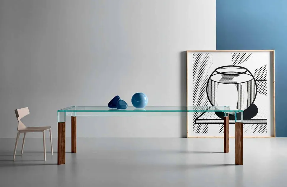Tavolo da Pranzo Piano in Vetro e Base Legno Massello Made in Italy - Presino