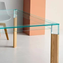 Tavolo da Pranzo Piano in Vetro e Base Legno Massello Made in Italy - Presino
