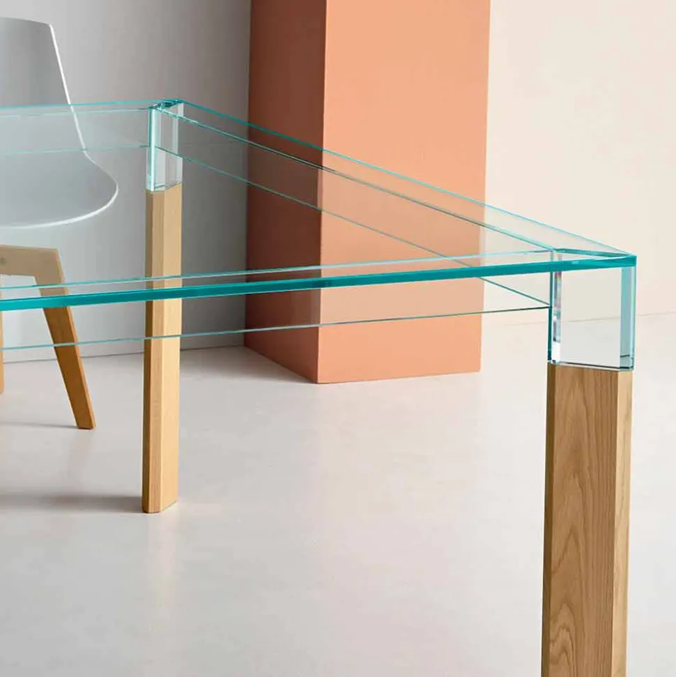 Tavolo da Pranzo Piano in Vetro e Base Legno Massello Made in Italy - Presino