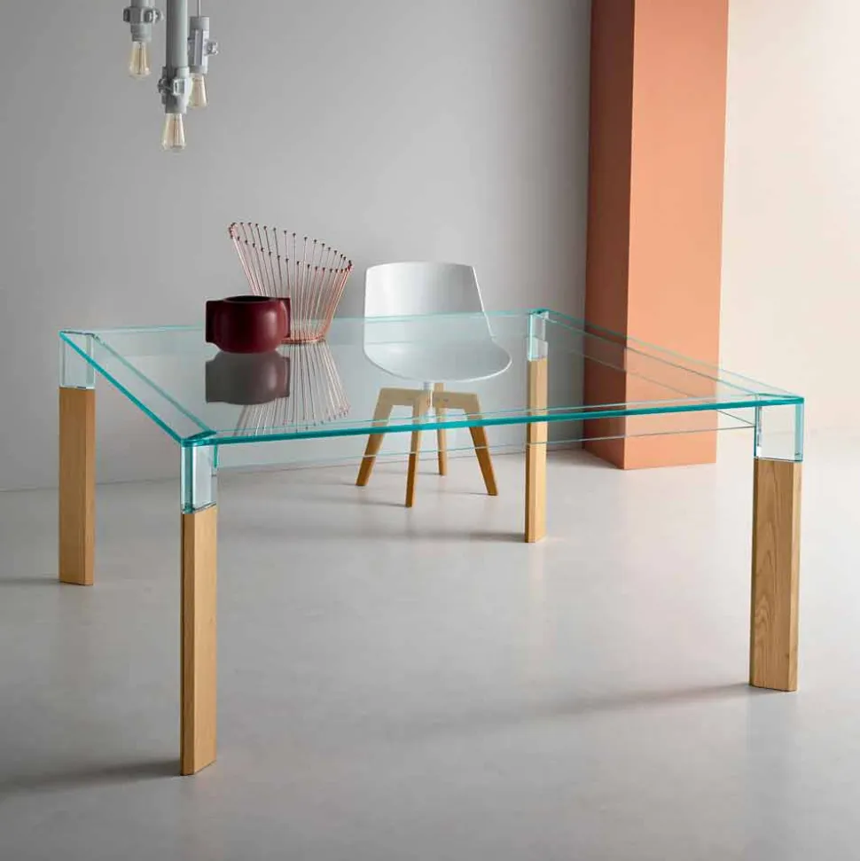 Tavolo da Pranzo Piano in Vetro e Base Legno Massello Made in Italy - Presino