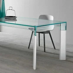 Tavolo da Pranzo Piano in Vetro e Base Legno Massello Made in Italy - Presino