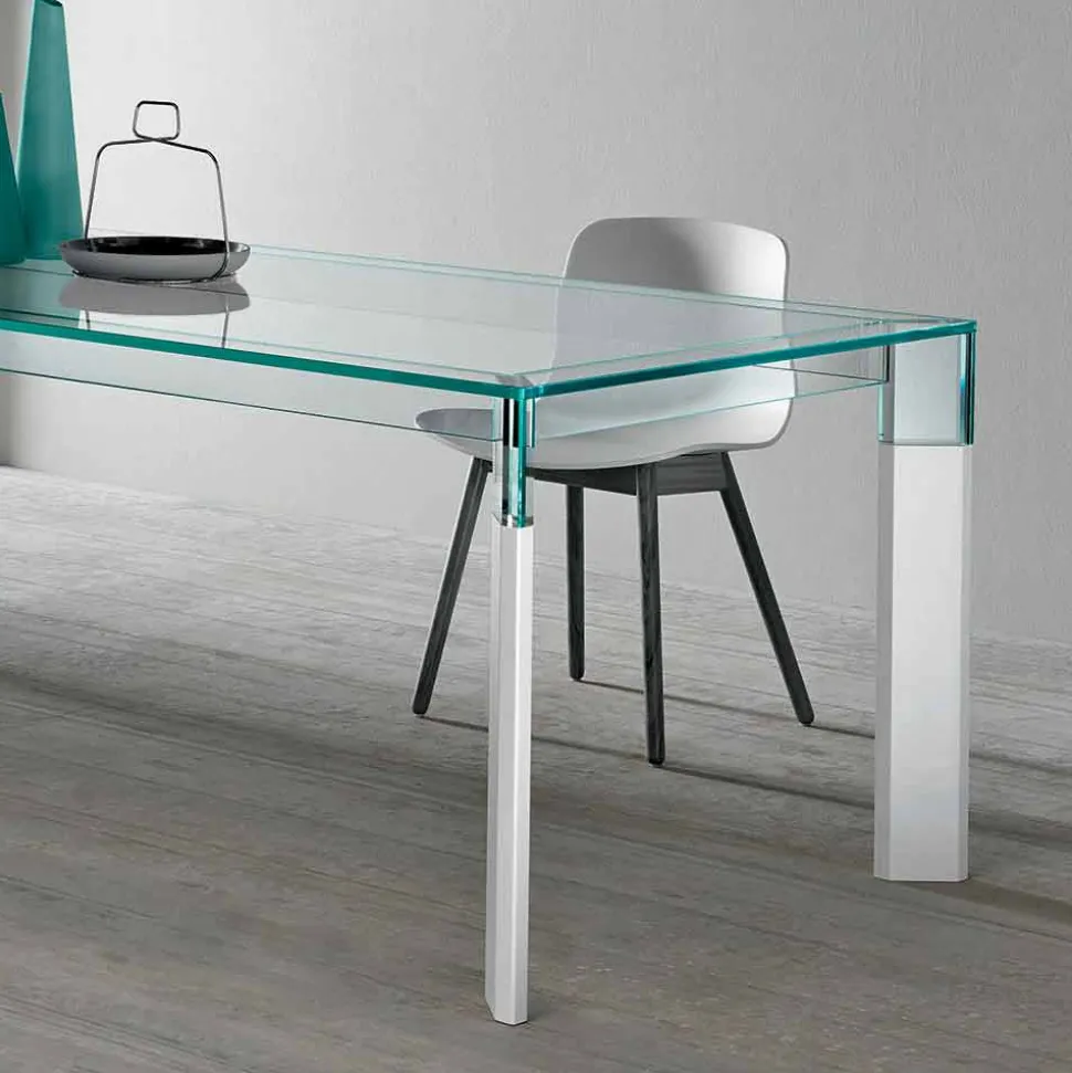 Tavolo da Pranzo Piano in Vetro e Base Legno Massello Made in Italy - Presino