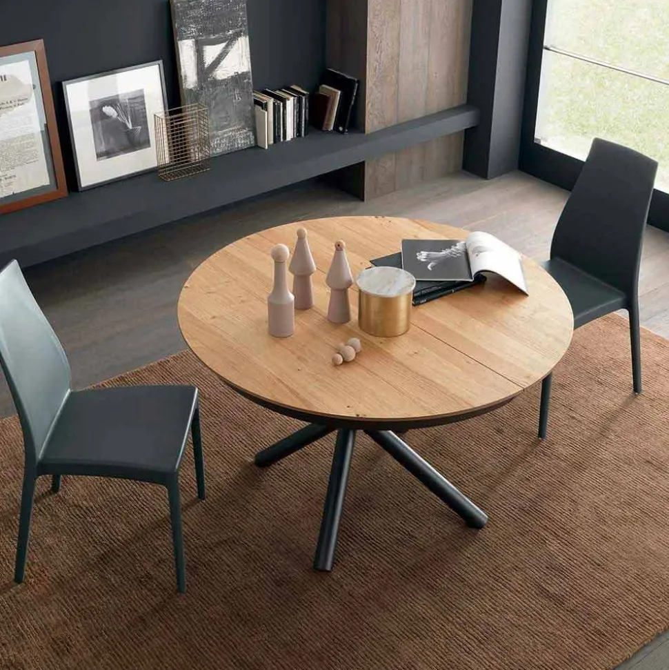 Tavolo da Pranzo Rotondo Allungabile con Piano in Legno Made in Italy - Crodino