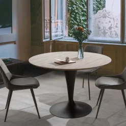 Tavolo da Pranzo Rotondo con Piano in Legno Laminato Rovere Materico - Moreno