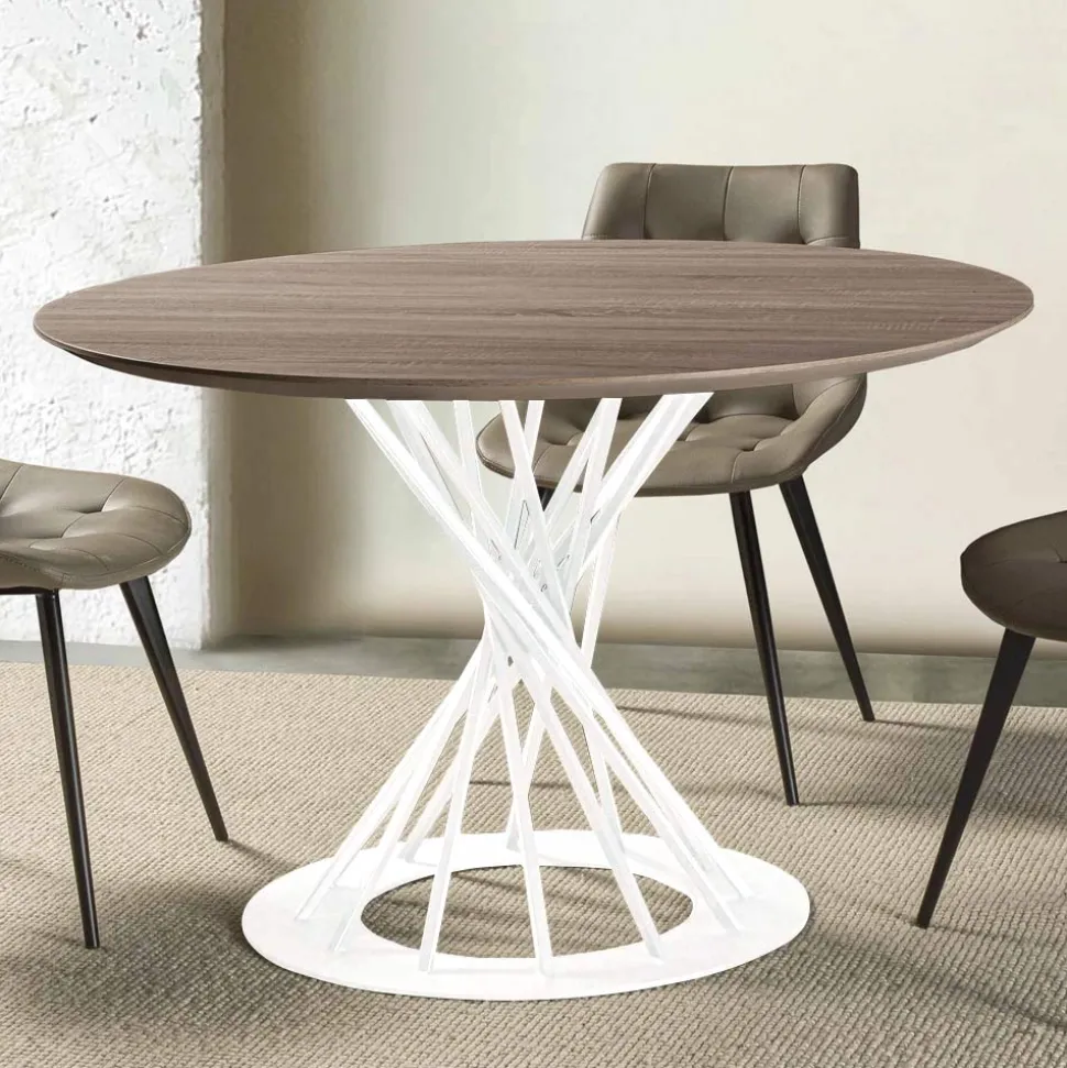 Tavolo da Pranzo Rotondo con Piano in Legno Laminato e Base in Acciaio - Mileto
