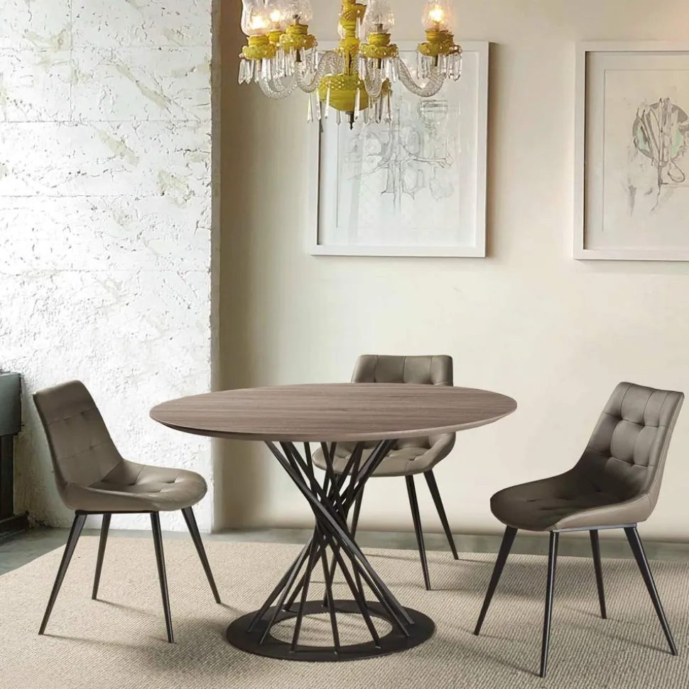 Tavolo da Pranzo Rotondo con Piano in Legno Laminato e Base in Acciaio - Mileto