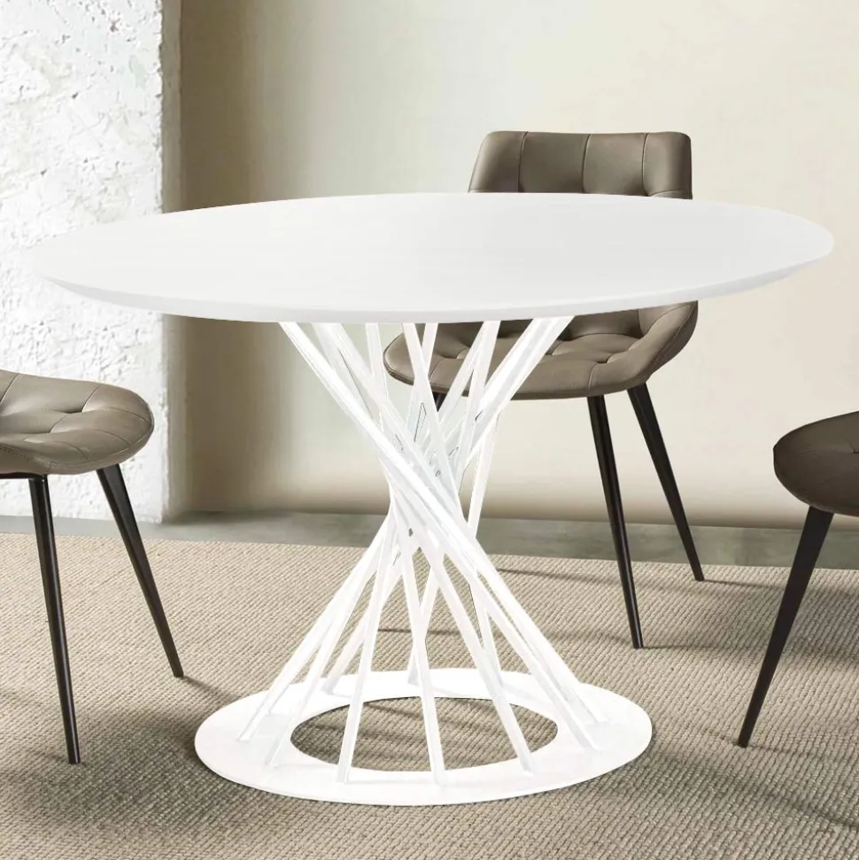 Tavolo da Pranzo Rotondo con Piano in Legno Laminato e Base in Acciaio - Mileto