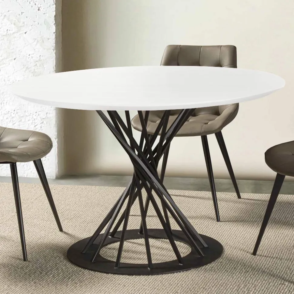 Tavolo da Pranzo Rotondo con Piano in Legno Laminato e Base in Acciaio - Mileto